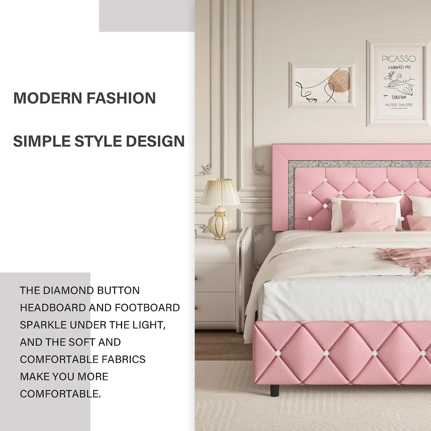 Twin Bed Frame Headboard Princess Kids Faux Leather Upholstered Diamond Tufted No Box Spring Required Easy Assembly Pink image 4