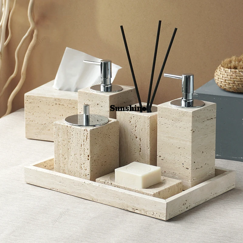 Beige Travertine Bathroom Accessories Set Natural Marble Soap  Soap Dish Reed Diffuser Vanity Tray Bathroom Set home