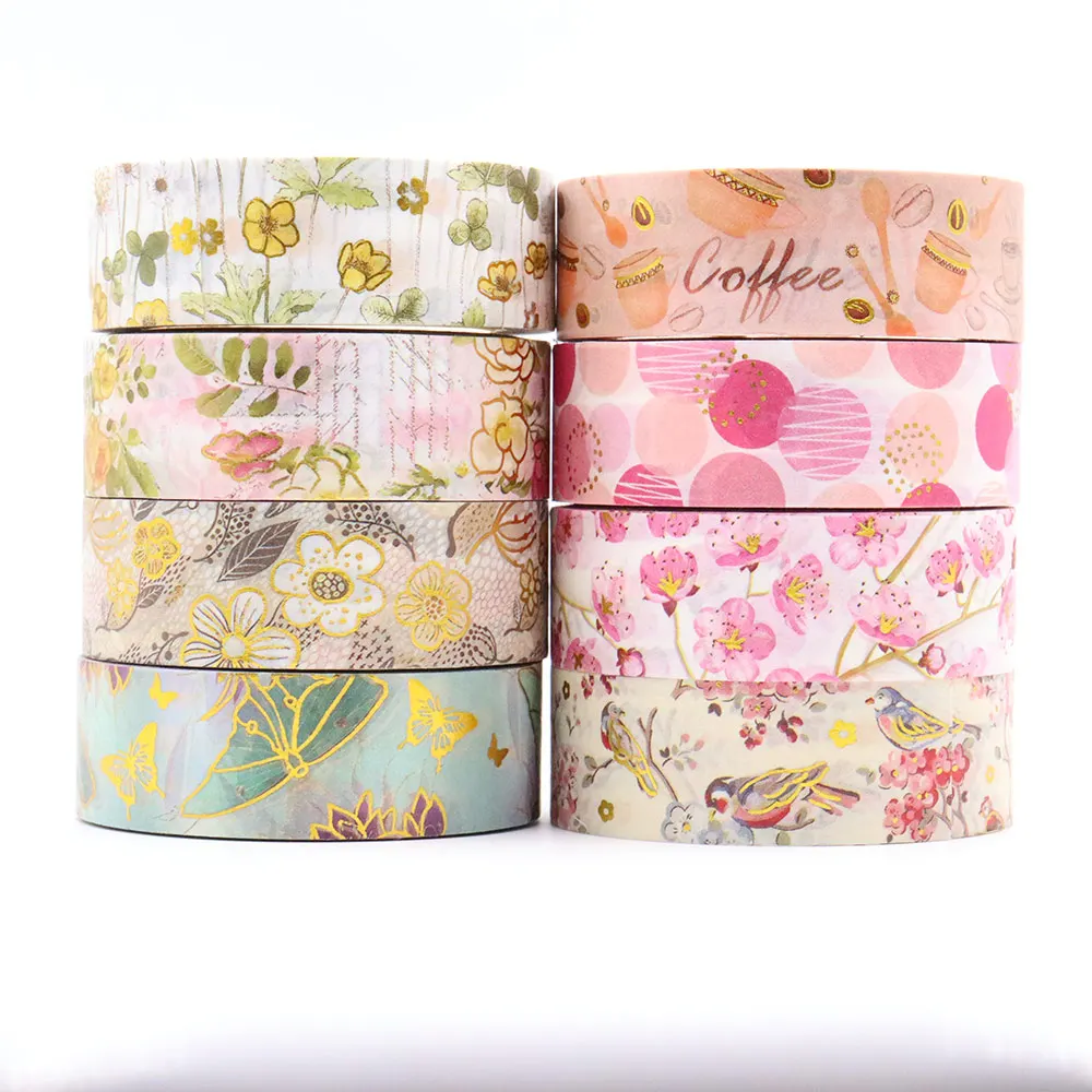 10pcs/lot 15mmx10m Gold Foil Spring Floral Butterfly Bird Coffee Masking Adhesive Washi Tape office supplies stationary stickers