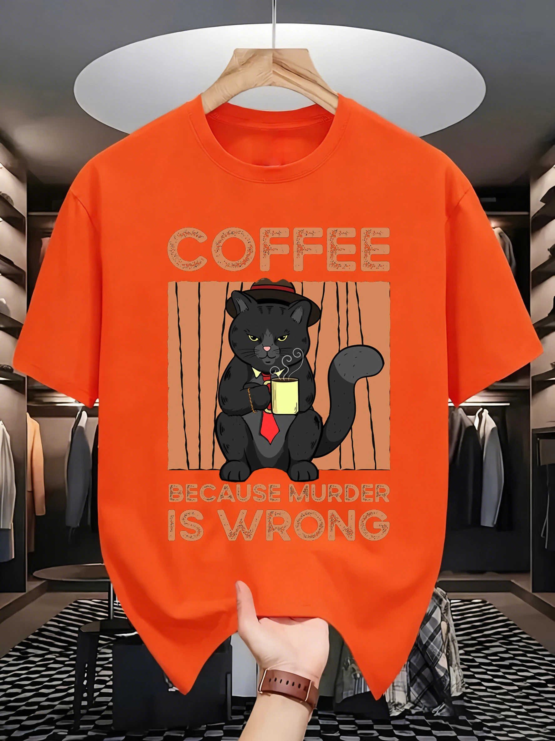 A Cat Wearing A Tie Likes Coffee Pattern Men Casual Cotton T-Shirt O-Neck All-Match Unisex Short Sleeve Loose Summer Sportswear