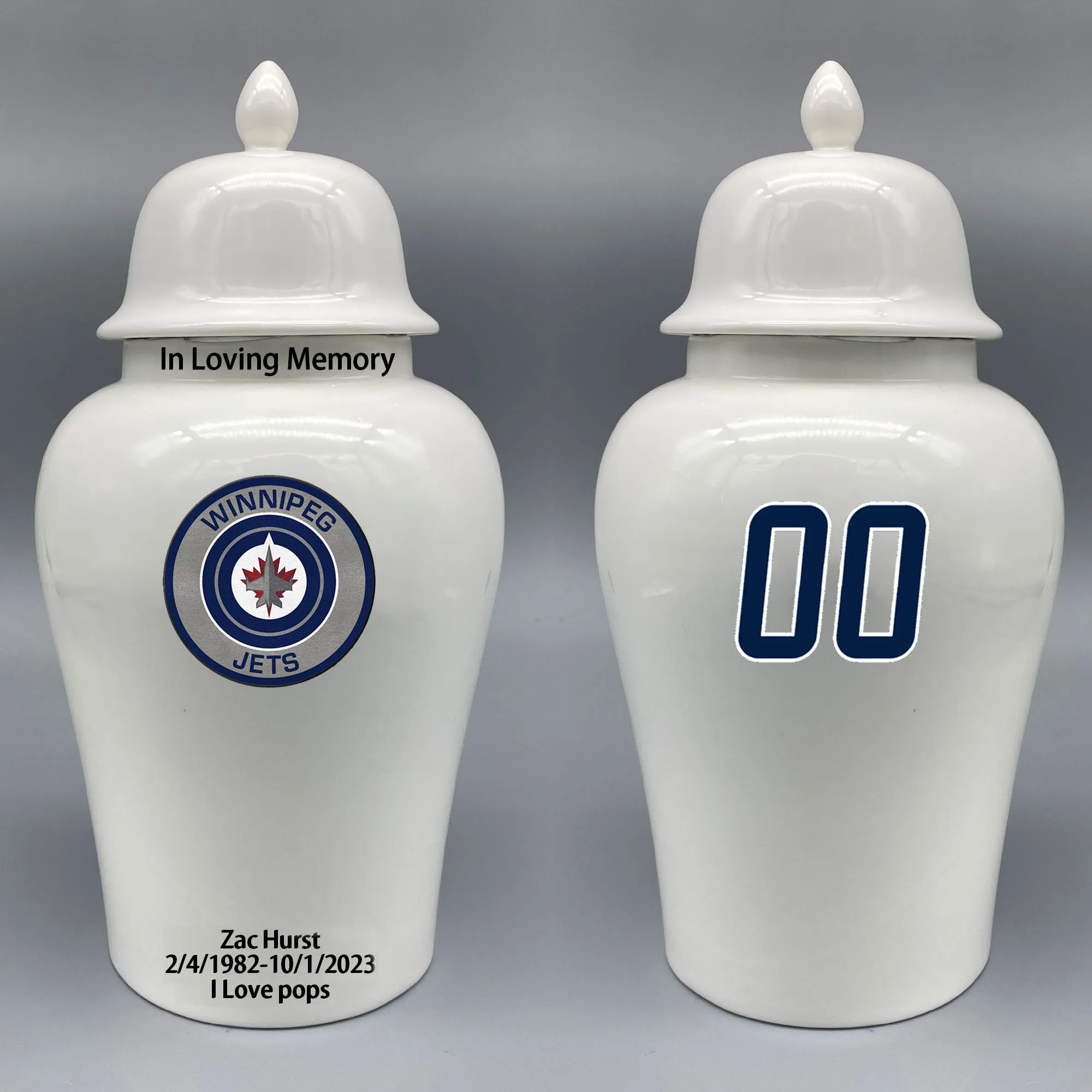 

Large Urn for Winnipeg Jets-themed Hockey Urn.Please send me the customize information-name/date and number on the urn