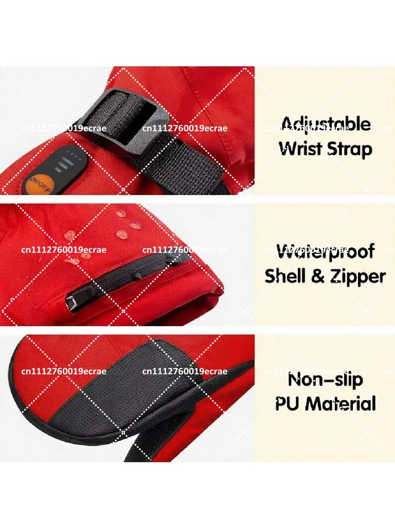 Children's Red Heated Ski Gloves Waterproof Touch Screen Compatible Full Finger Electric Heating