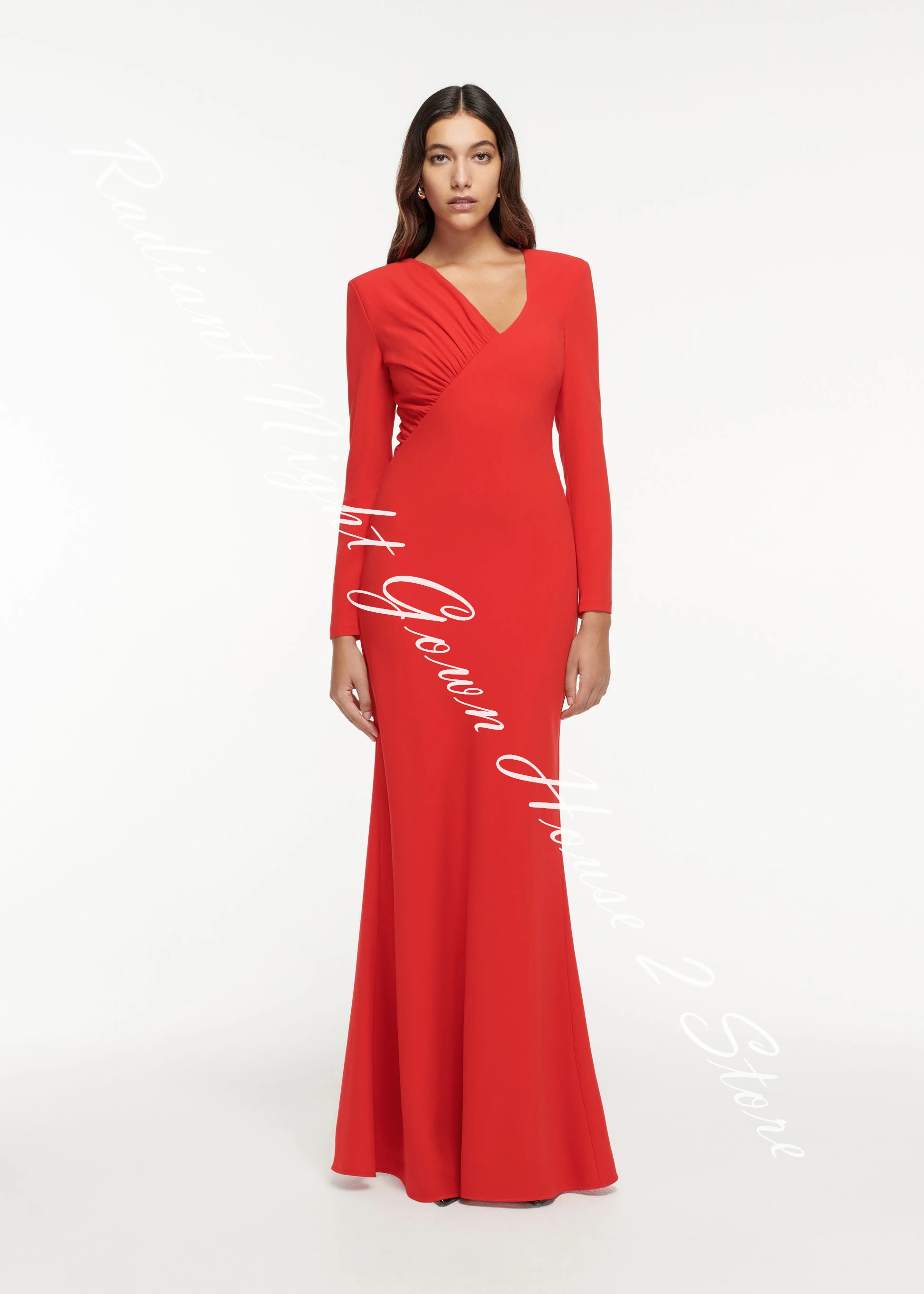 Temperament Jersey Mermaid Evening Dress V-Neck Long Sleeves Floor Length Sweep Train Zipper Back فساتين سهره نسائيه فخمة