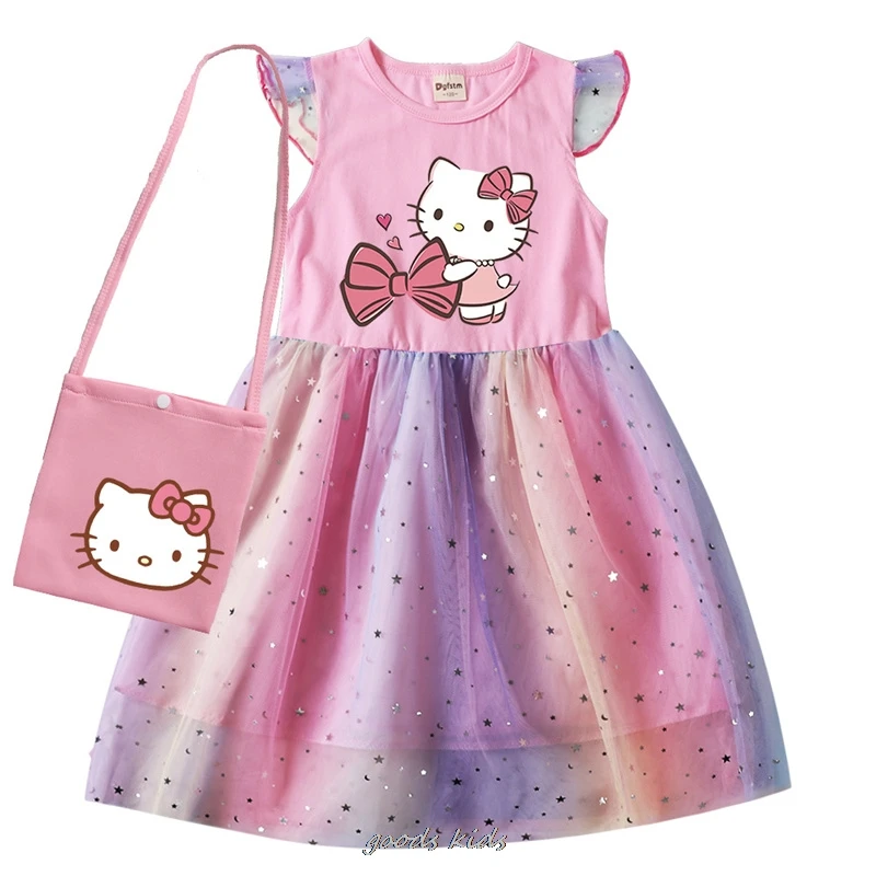 Niemowlę dziewczynka księżniczka sukienka Hello Kitty ubranka niemowlęta dziewczynki krótki rękaw swobodne sukienki i torba na urodziny dziecka