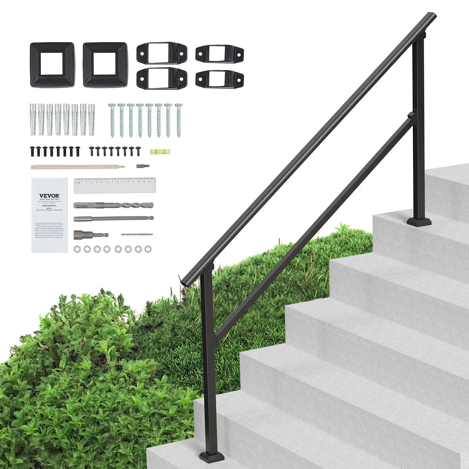 

5 Step Stair Hand Rail Kit Carbon Steel Outdoor Handrails for Seniors Concrete Steps Porch Deck Black