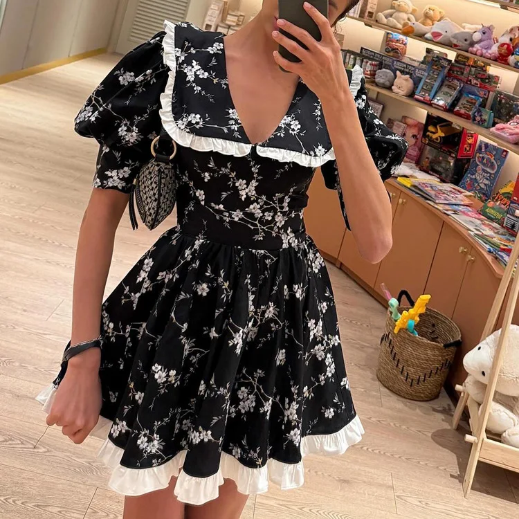 

Floral Skirt Women's Printed Doll Collar Bubble Sleeve Temperament High Waist Contrasting Color A-word Dress