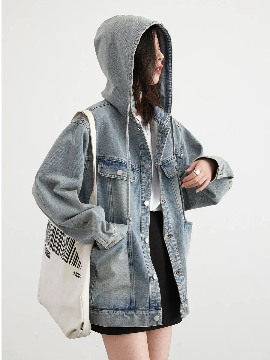 CHIC VEN Women Denim Coat Blue Single Breasted Streetwear Hooded Denim Jacket Casual Loose Female Overcoat Spring Autumn 2024