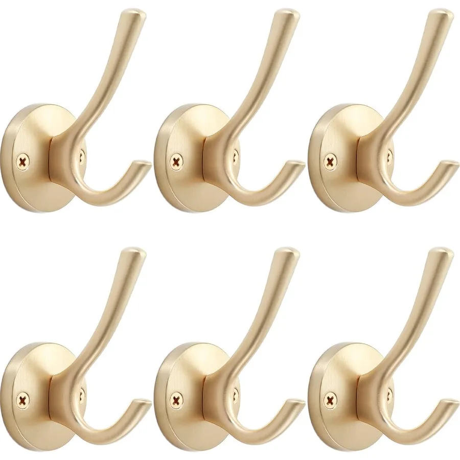 Gold Wall Hooks 6 Pack Heavy Duty Metal Double Coat Robe Hook Wall Mounted for Bathroom Cubicle Kitchen Closet Garage Durable H