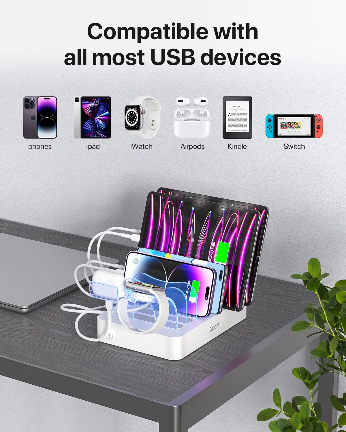 SooPii 50W/10A 6-Port USB Charging Station for Home and Office 6 Cables Included for Phones Tablets and Other Electronics