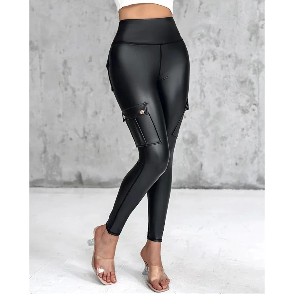 Sexy Cargo Pockets Faux Leather Leggings for Women Shaping High Waist Slimming Exercise Pants Running Yoga Sports Christmas Gift - Image 6