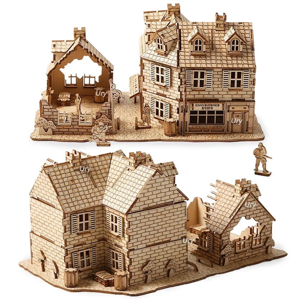 3D drewniane Puzzle WW2 War City powojenne ręcznie mechaniczne montaż Model domowy zestawy DIY zabawki dekoracja biurka prezenty dla dzieci