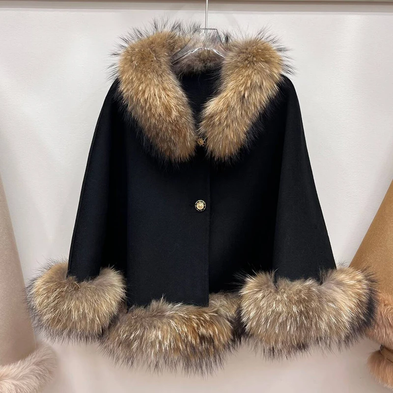 

2024 Women's Real Fur Poncho Genuine Raccoon Fur Collar Trim Wool Cape Fashion Style Winter Thick Warm Shawls Female Luxury Coat