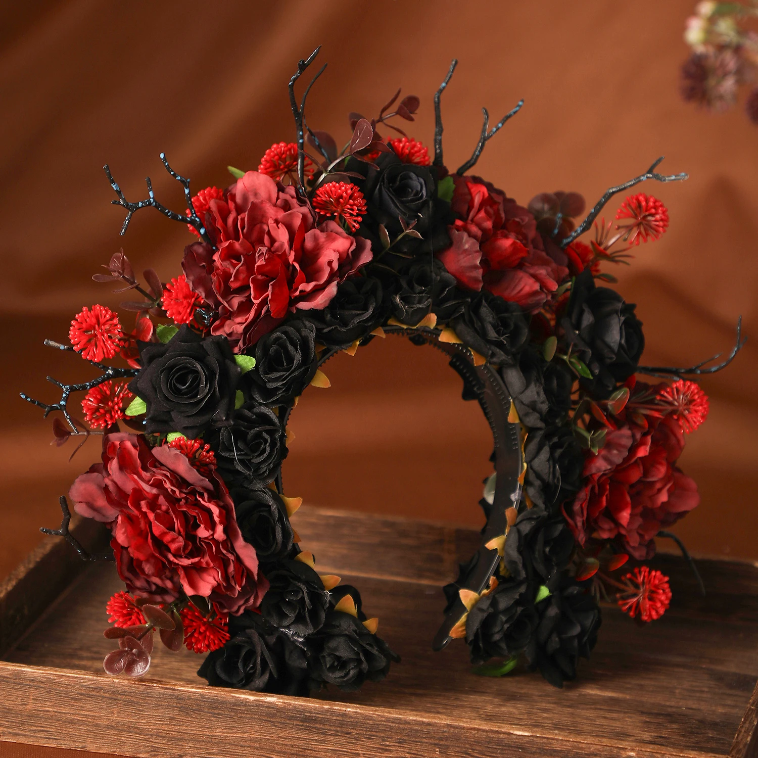 Baroque Vintage Black Red Handamde Rose Flowers Hairbands For Women Bride Wedding Hair Accessories Headbands image 6