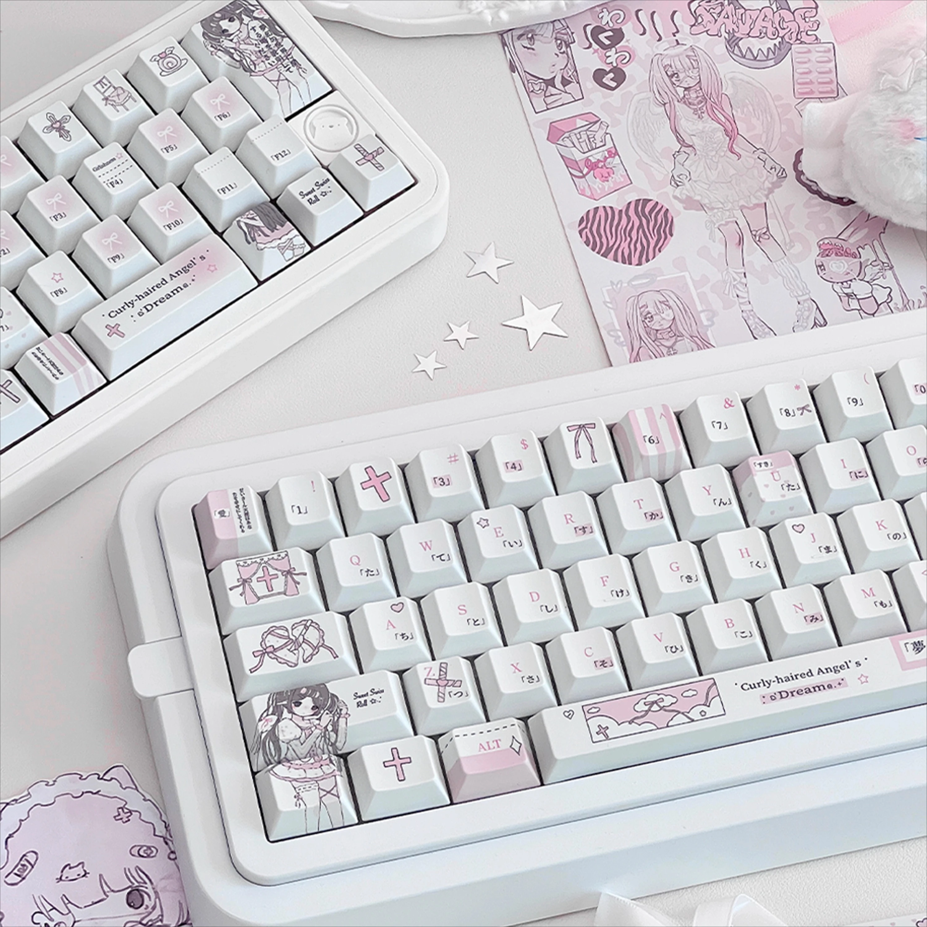 

Curly Angel Pink Girl Theme Keycaps Set PBT Cherry Profile Custom Original Handmade Keycaps for Mechanical Keyboard Accessories