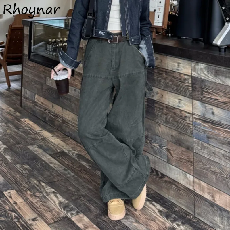 Cargo Pants Women Casual Basic Solid Simple All-match Hip-hop Wide Leg Mopping Slender American Retro Streetwear Pockets Chic