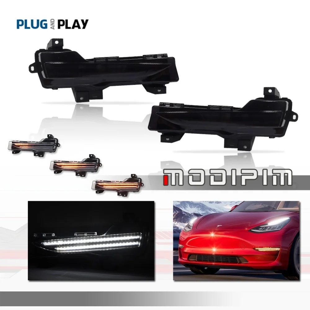 White LED Front Bumper DRL Running/Fog Lights Sequential Amber Turn Signal Lights For Tesla Model 3 2017-2023 & Model Y 2020-up
