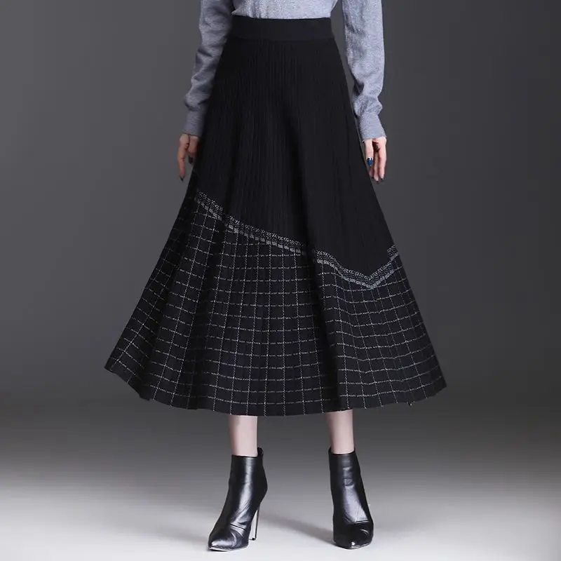 Autumn Winter Women's Korean Elegant Black Knitted A-line Midi Skirt High Waist Twist Jacquard Chic Street Female Skirts Saias