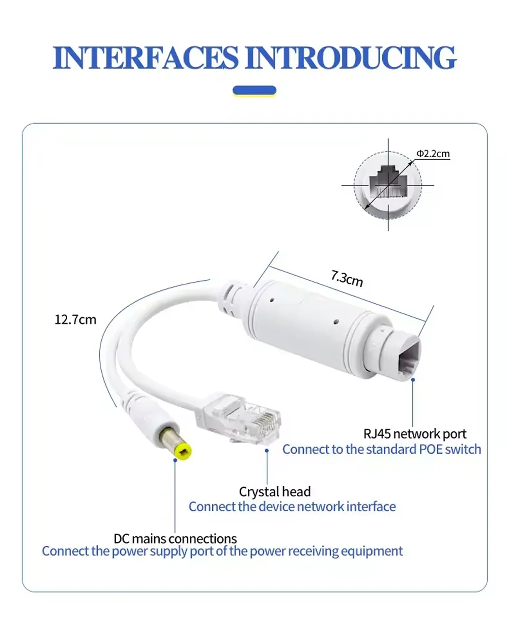 IEEE802.3af/at 48V to 12V POE Spliter Waterprrof With Video / Power Adapter Cable Supply Module Injector for IP Camera Extender