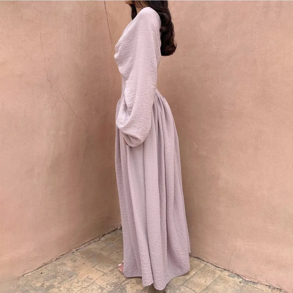 TWOTWINSTYLE French Pleated Design Dresses for Women V Neck Batwing Sleeve High Waist Gentle Long Dress Female New Fashion Style