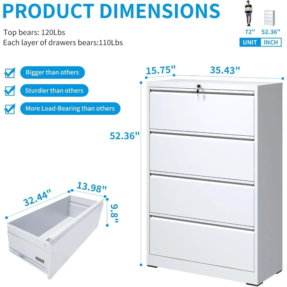 4-drawer Metal Horizontal Filing Cabinet, Letter/legal/A4/F4 Hanging Document Steel Wide Horizontal Filing Cabinet (white)