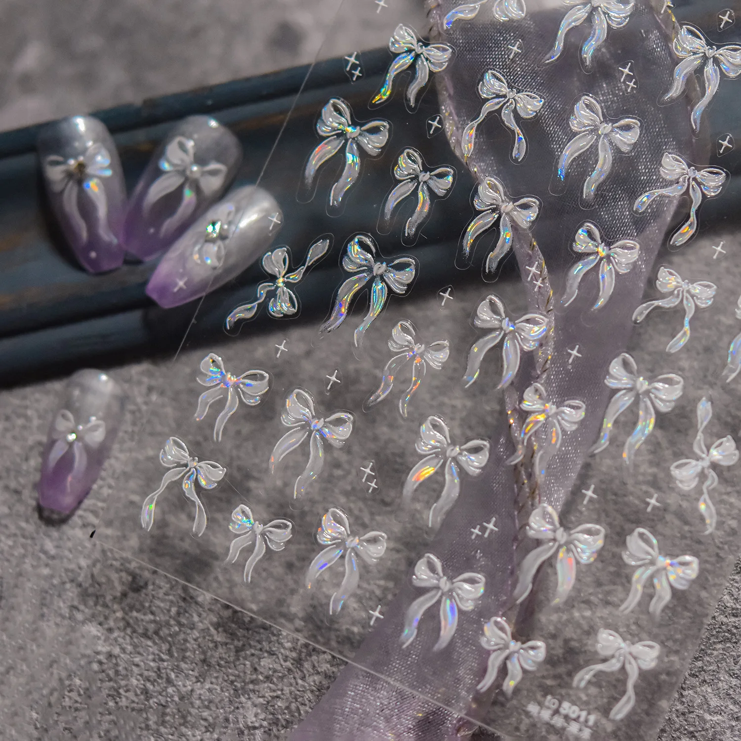 1 unidad de calcomanías de uñas blancas iridiscentes con luz de concha 5D, pegatinas de uñas con lazo de gelatina Aurora, lazos de cinta, bodas, ocasiones especiales, manicura *