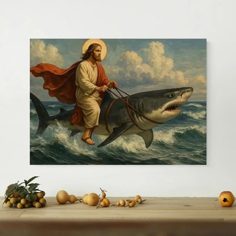 Multiple sizes 1pc frameless Canvas Painting,Fun Jesus Riding A Shark Humorous Christian Poster and Prints Canvas Painting Wall