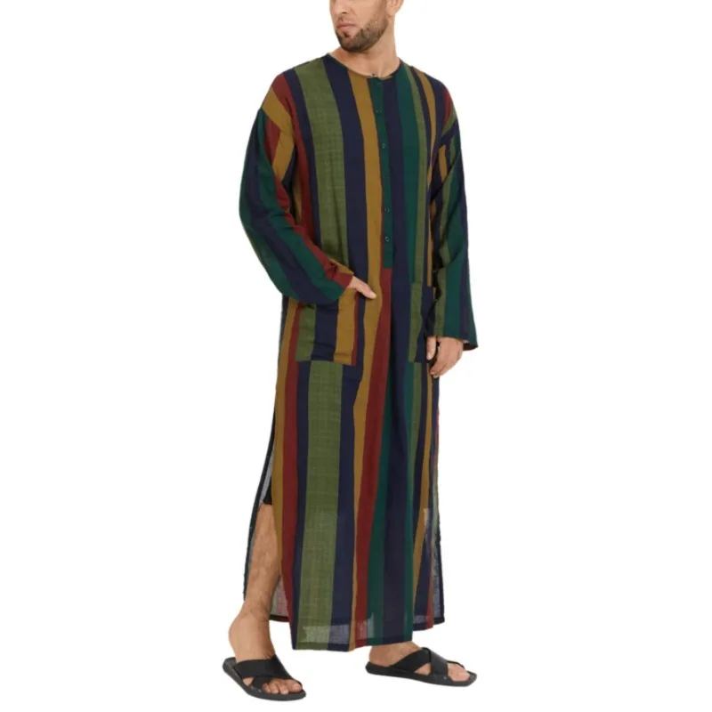 

Men's Muslim Long Sleeve Cotton Striped Robes Islamic Arabian Kaftan Suit Middle East Dubai Abaya Retro Spring Clothing 2025 New