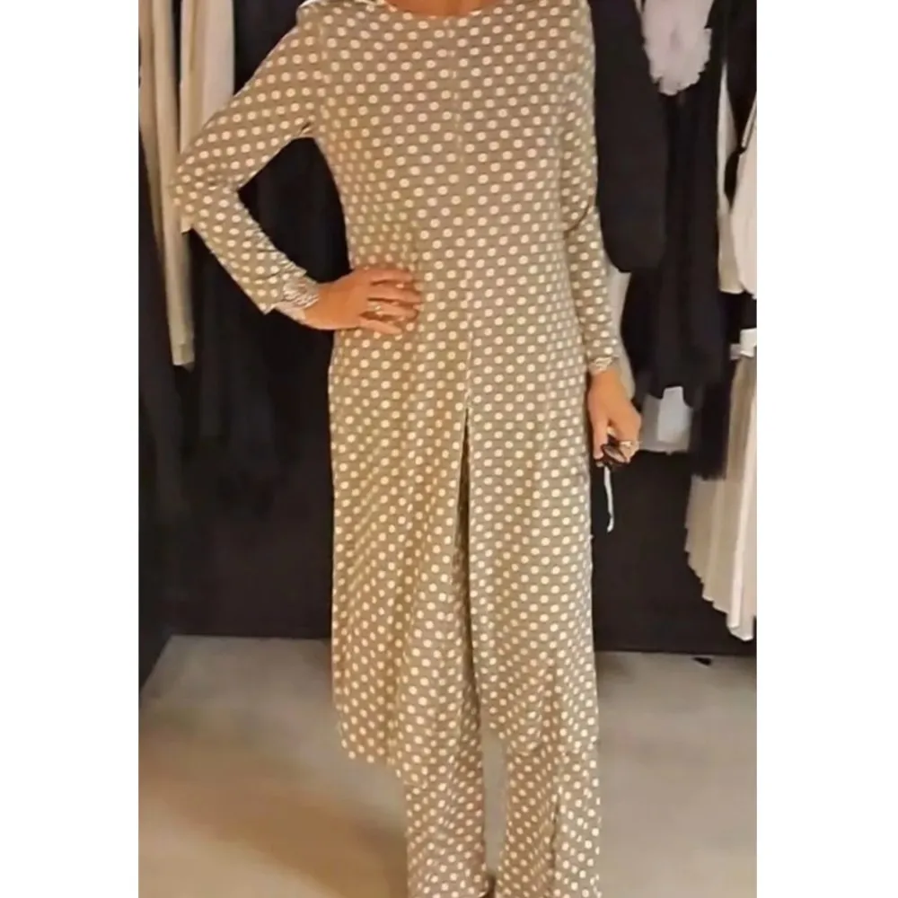 Women Casual Long Sleeve Loose 2PCS Set Fashion Elegant Polka Dot Print Round Neck Slit Long Top & Trousers Outfit Commuter Suit