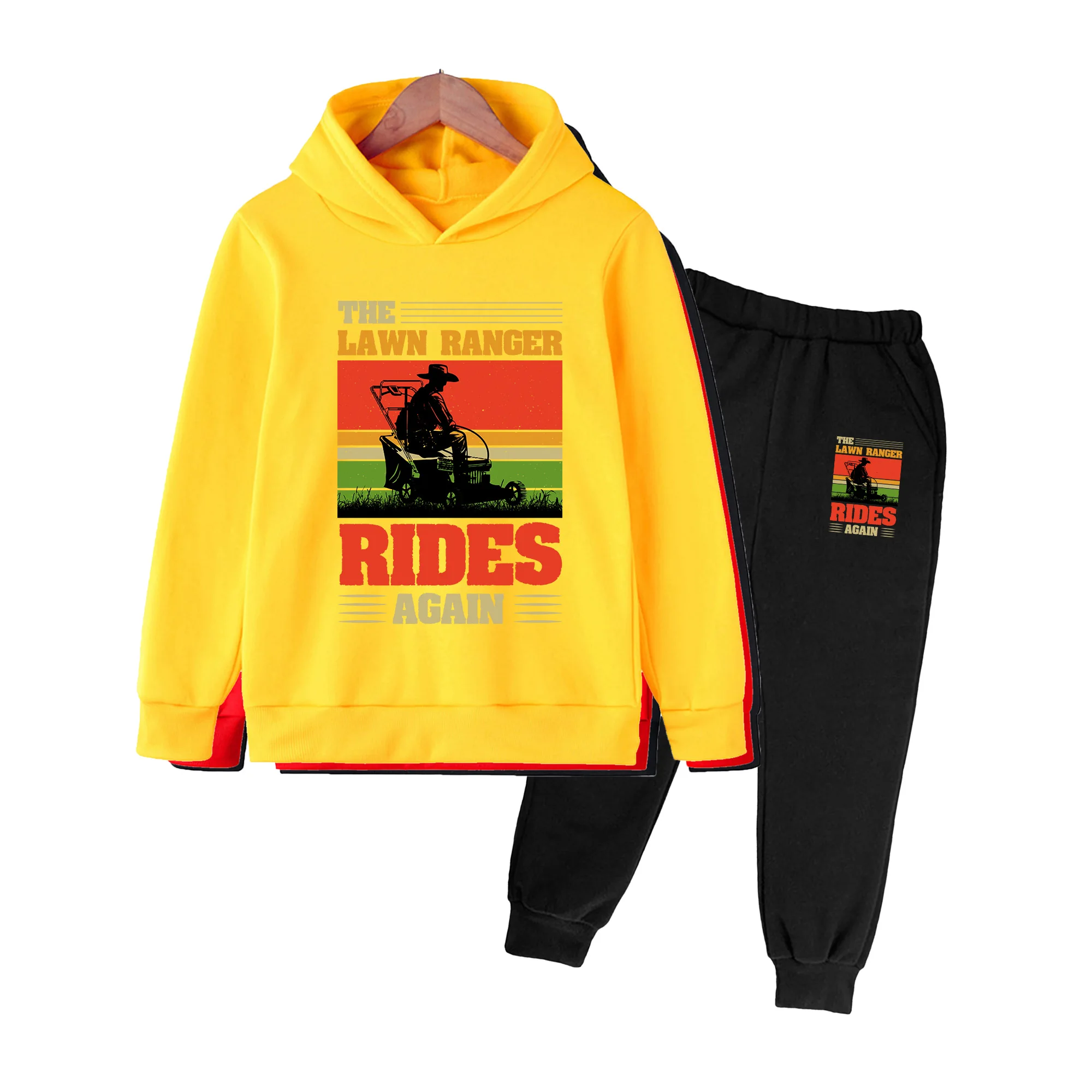 Kids Cowboy Print Hoodie & Jogger Set, Retro Style 2-Piece Outfit for Boys Girls, Casual Lawn Mower Themed Loungewear