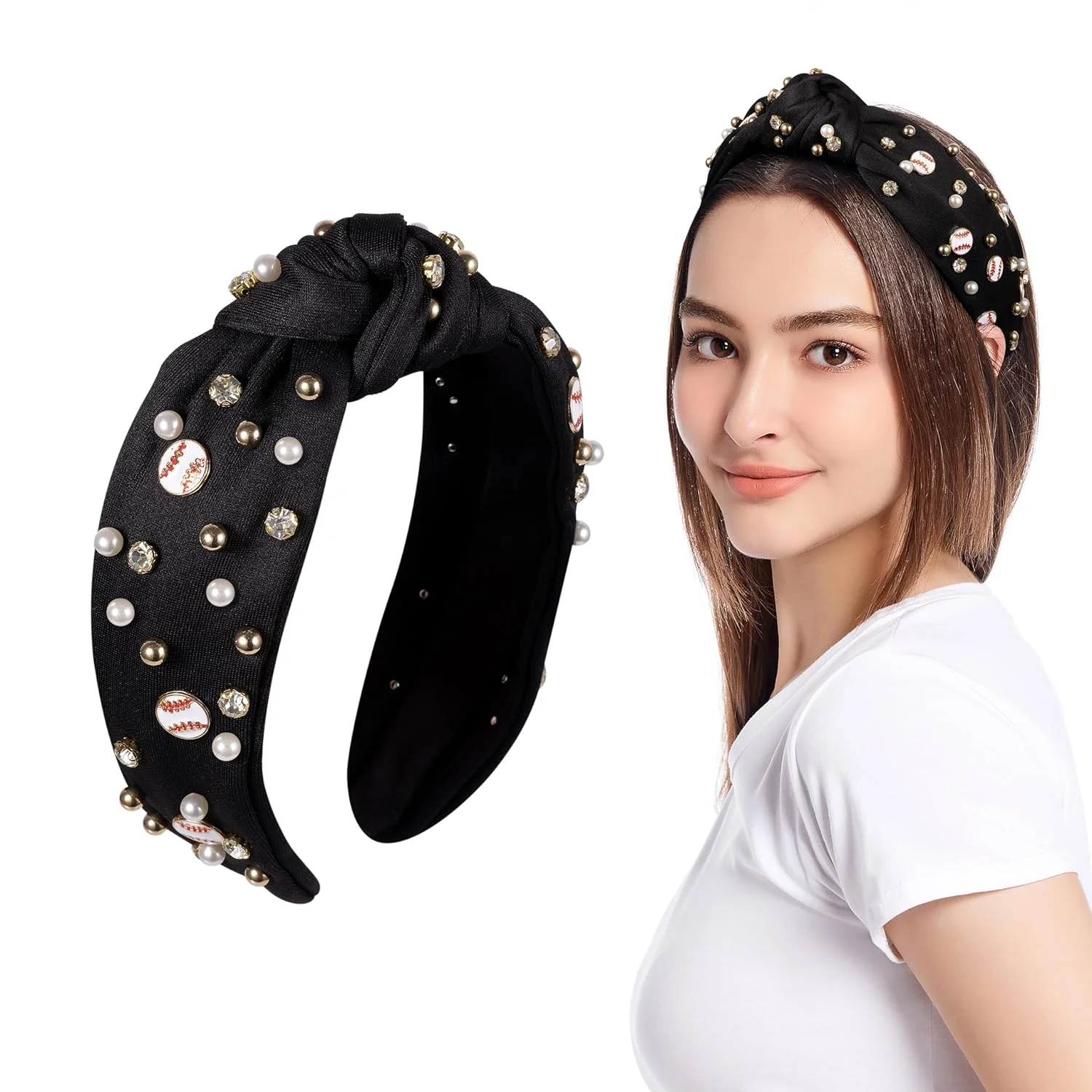 Baseball Headband for Women, Pearl Rhinestone Jeweled Knotted Headband, Fun Sports Baseball Embellished Wide  Knot Hairband Head