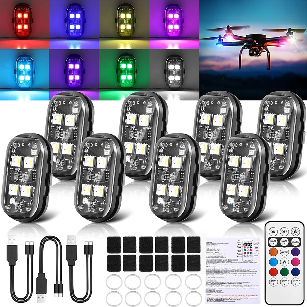 

8pcs Motor Car Drone Bike 8 Color Rechargeable Decor Atmosphere Decoration Lamp Wireless LED Strobe Anti-Collision Warning Light