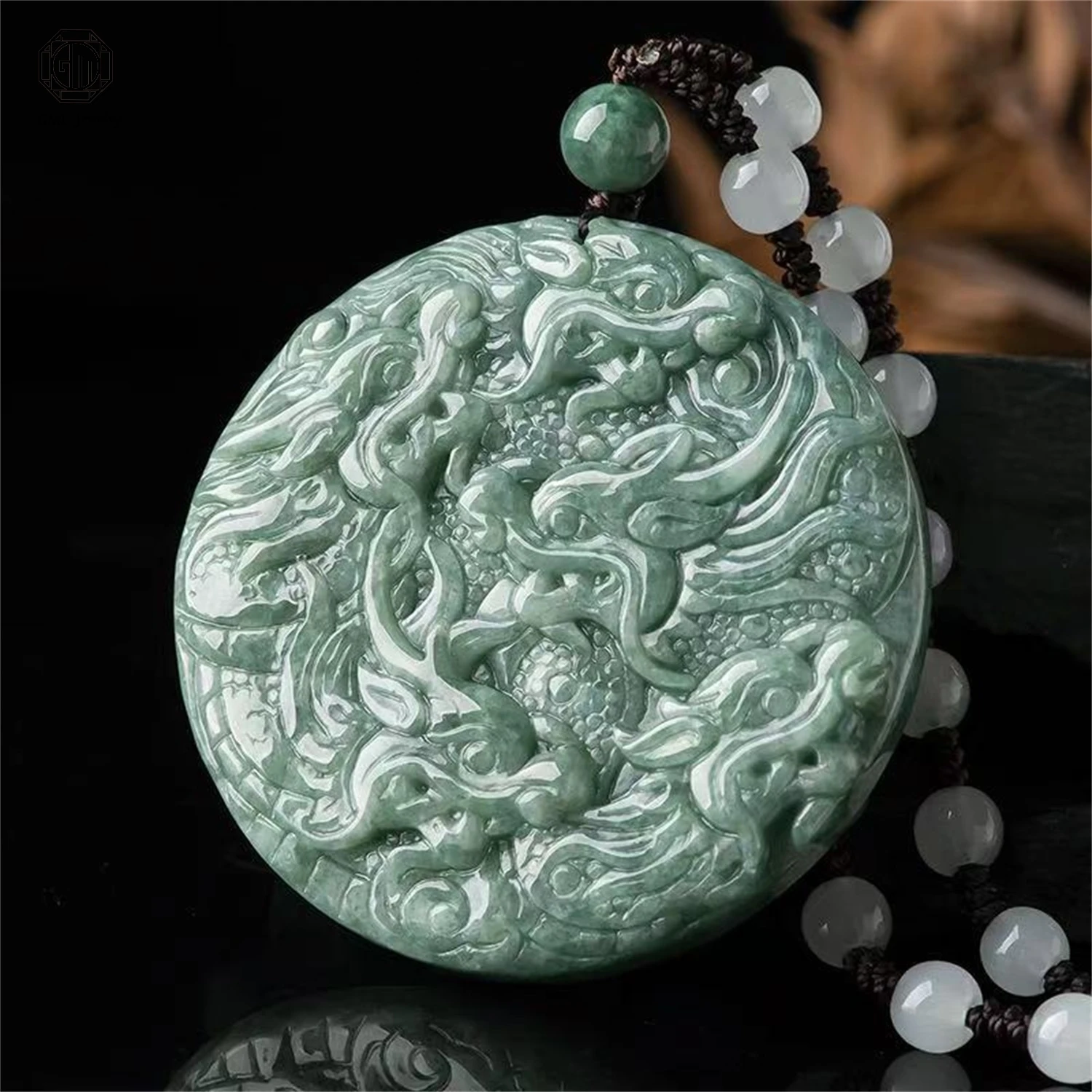 

Natural Grade A Jadeite Pea Green Ice Majestic Dragon Zodiac Plaque Pendant Unisex Men Women Gemstone Necklace Jewelry Gift