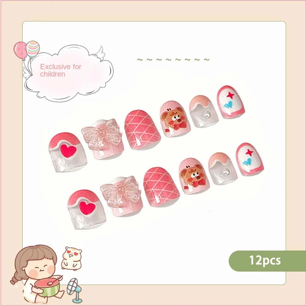 12 pçs/set flores crianças unhas falsas amor coração curto quadrado em forma crianças dos desenhos animados unhas falsas cobertura completa dicas da arte do prego