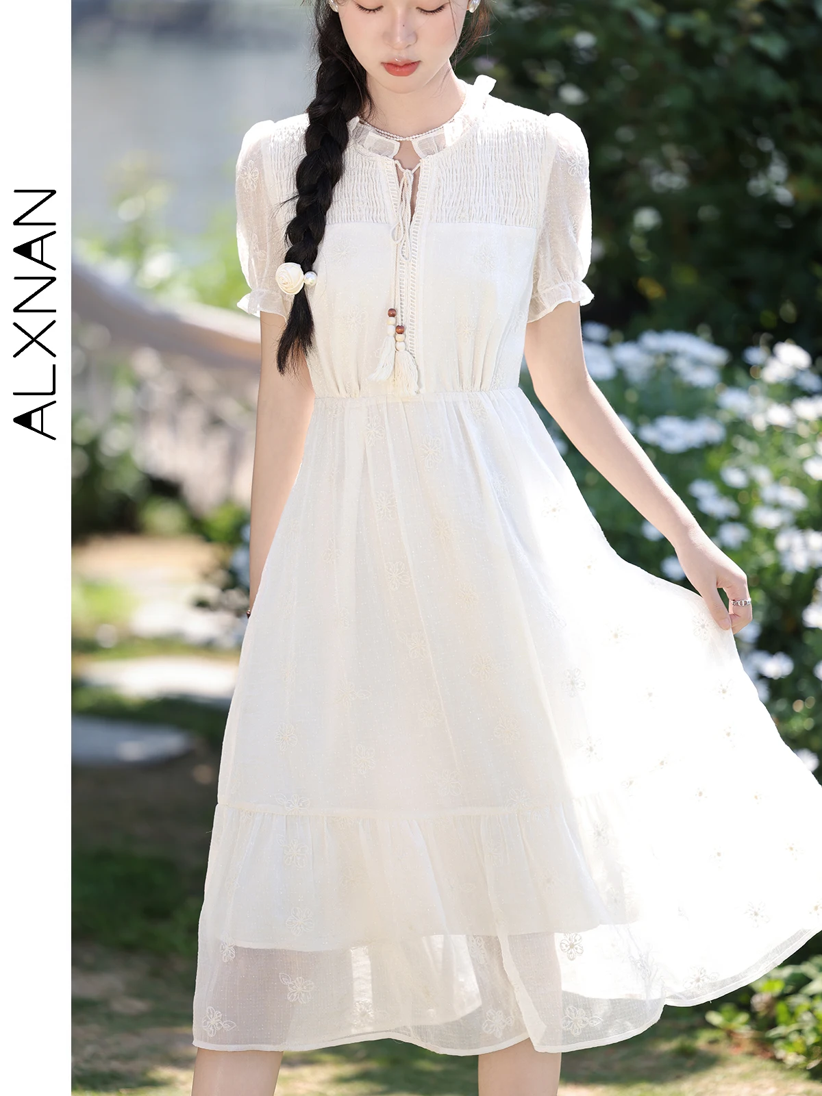 ALXNAN Elegant Lace Long Dresses for Women 2024 Summer New Mesh Puff Short Sleeve Smock French Temperament Lace-up Dress L36606