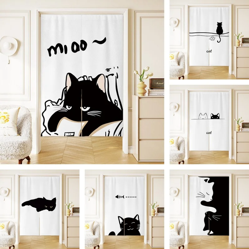 VIKAMA Cute Pet Cat Door Curtain Cartoon Cat Dog Print Half Curtain Room Divider Kitchen Bedroom Bathroom Living Room Home