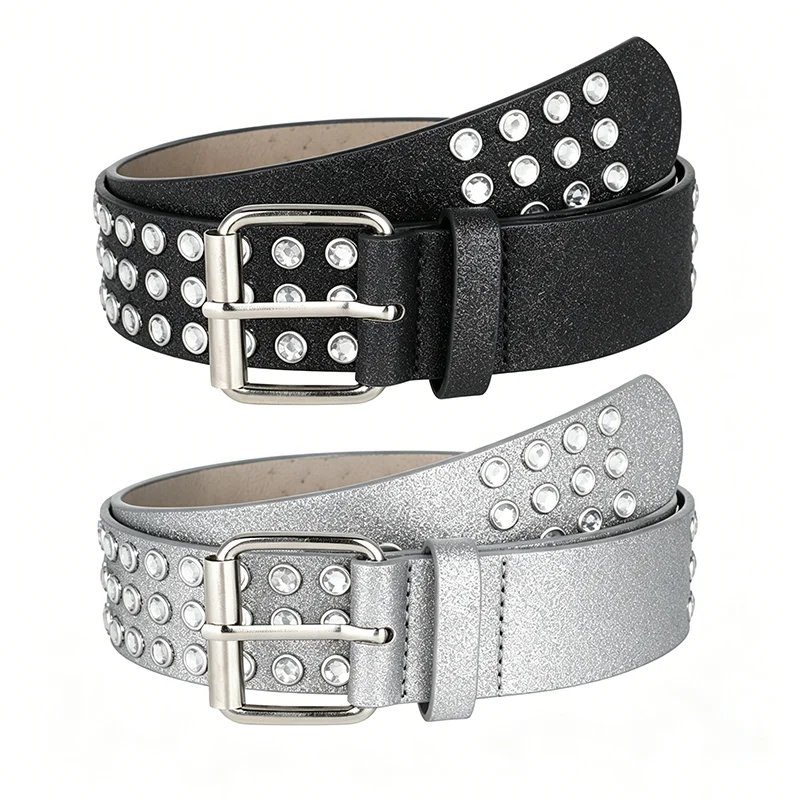 Fashion New Round Rhinestone Studded Belt Men's & Women's Punk Hardware Jeans Belt Y2K Designer Waist Strap with Metal Buckle
