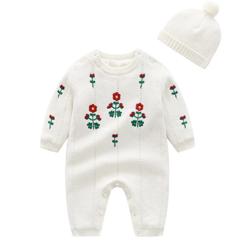 0-24M Baby Girl Rompers Knitted Kids New Spring Autumn Girl Embroidery Flower Rompers + Hat Baby Girl Newborn Rompers Clothes