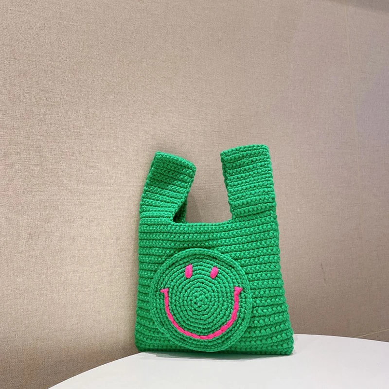 Hit Color Small Fresh and Cute Smiley Knitted Casual Purse Children\'s Clothing Daily Leisure Bucket Handle Tote Bag Vintage