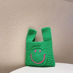 Hit Color Small Fresh and Cute Smiley Knitted Casual Purse Children's Clothing Daily Leisure Bucket Handle Tote Bag Vintage