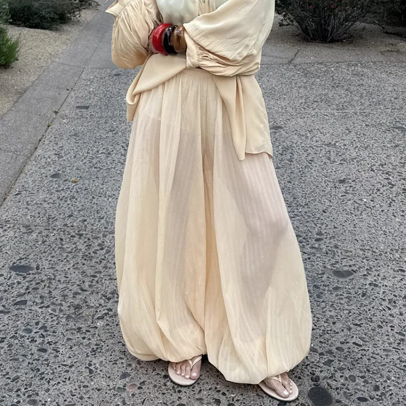 

Tuularose Summer Fashion Pocket Bloomers Female Trousers Pleated Loose High Waist Patchwork Bandage Street Wide Leg Women Pants