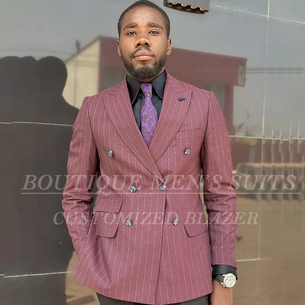 

Luxury Men's Stripe Suits High Quality Double Breasted Peak Lapel Skinny 2 Piece Jacket Pants Full Sets Wedding Outfits Costume