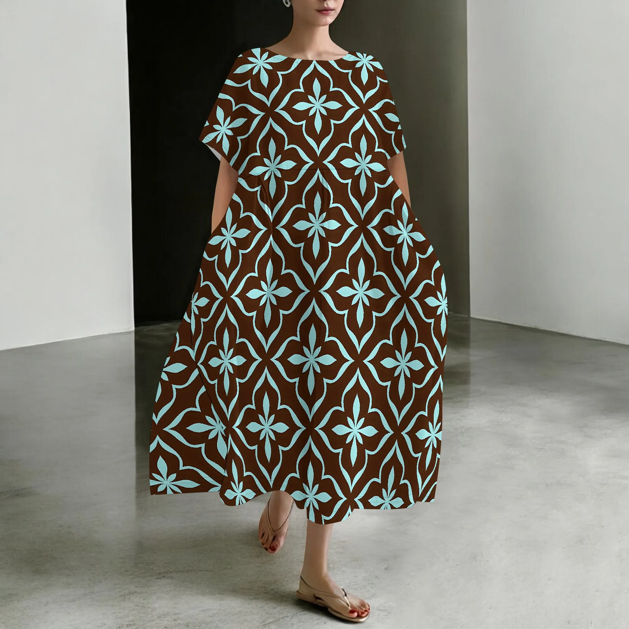 

EQQZD Short Sleeve Round Neck Dress with Pockets, Elegant Regular Geometric Pattern Print Puffy Dress