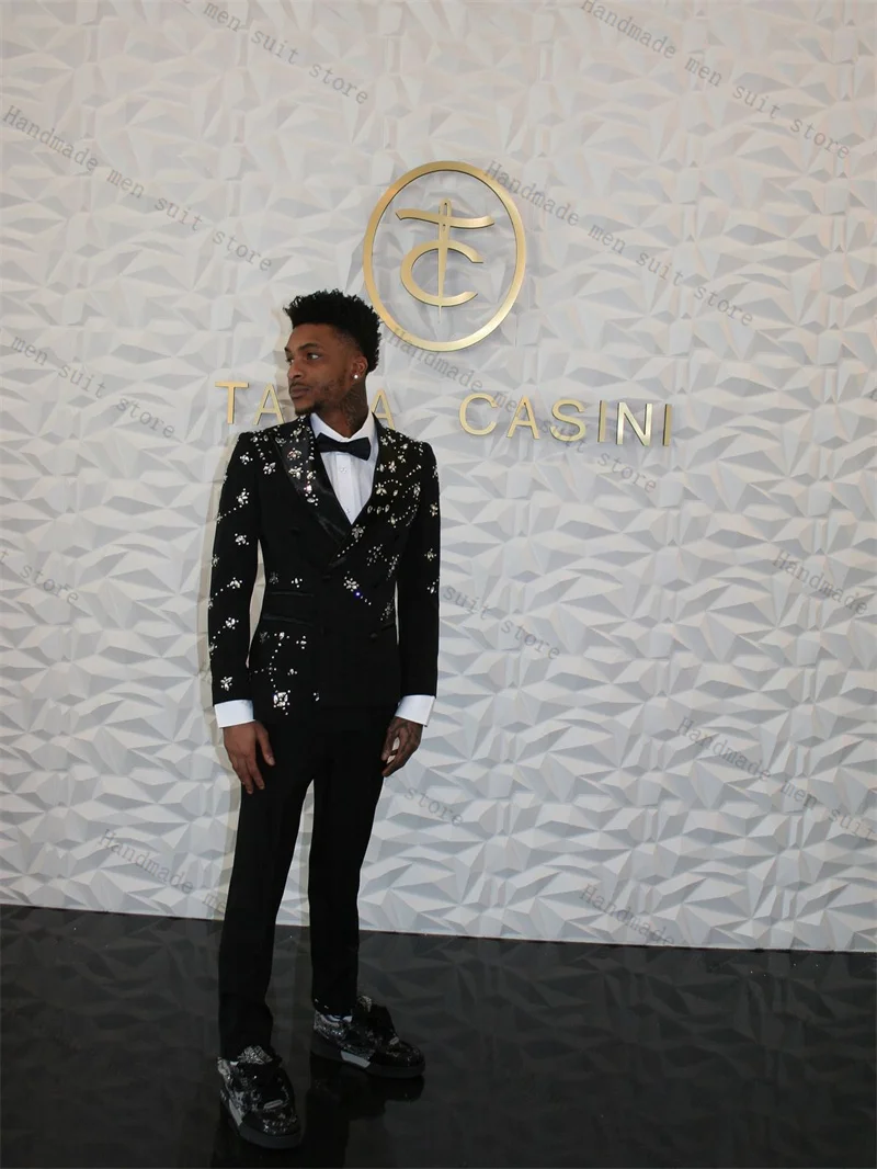 

Luxury Crystals Men Suits Set 2 Pieces Black Blazer+Pants Trousers Wedding Tuxedos Jacket Formal Office Customized Male Coat