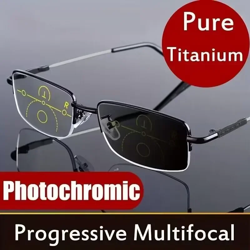 Titanium Alloy Progressive Photochromic Reading Glasses Women Men Multifocal Anti Blue Light Myopia Glasses Flexible Temple