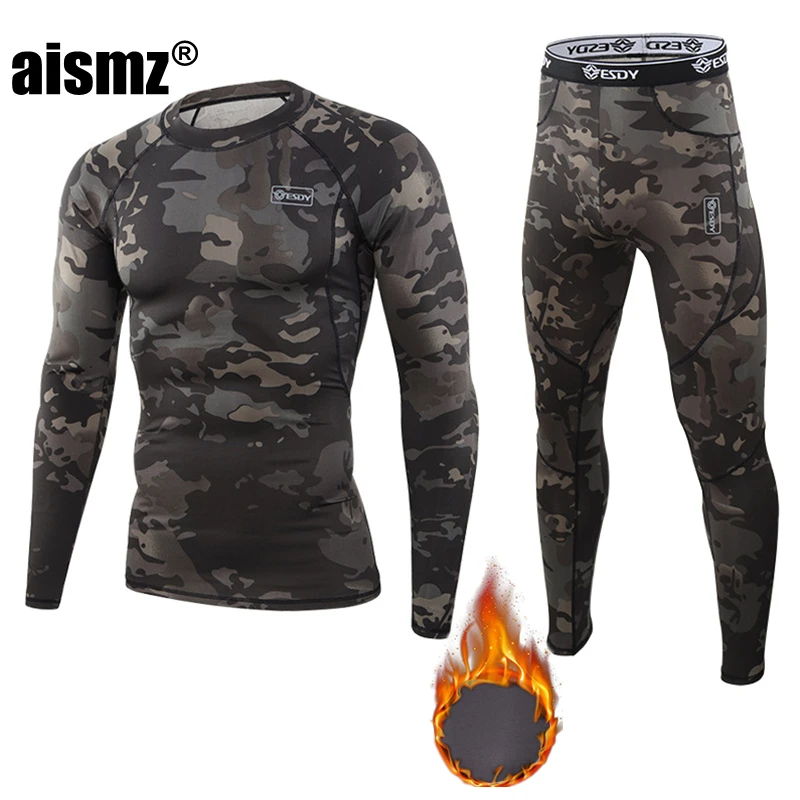 Aismz Man Sport First Layer Rashguard Winter Thermal Underwear Men Suit Skin Compression Men\'s Fleece Second Thermo Long Johns