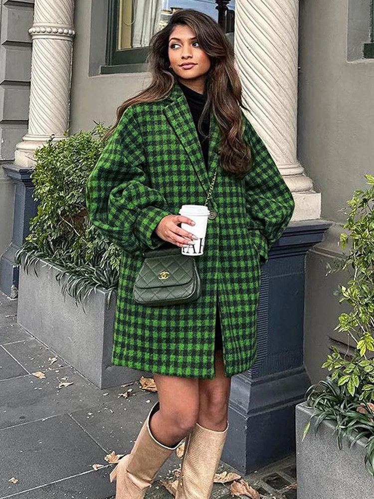 

Mumaroho 2023 Autumn Winter Women Loose Plaid Woolen Blends Coat Lapel Long Sleeve Classic Warm Overcoat Female