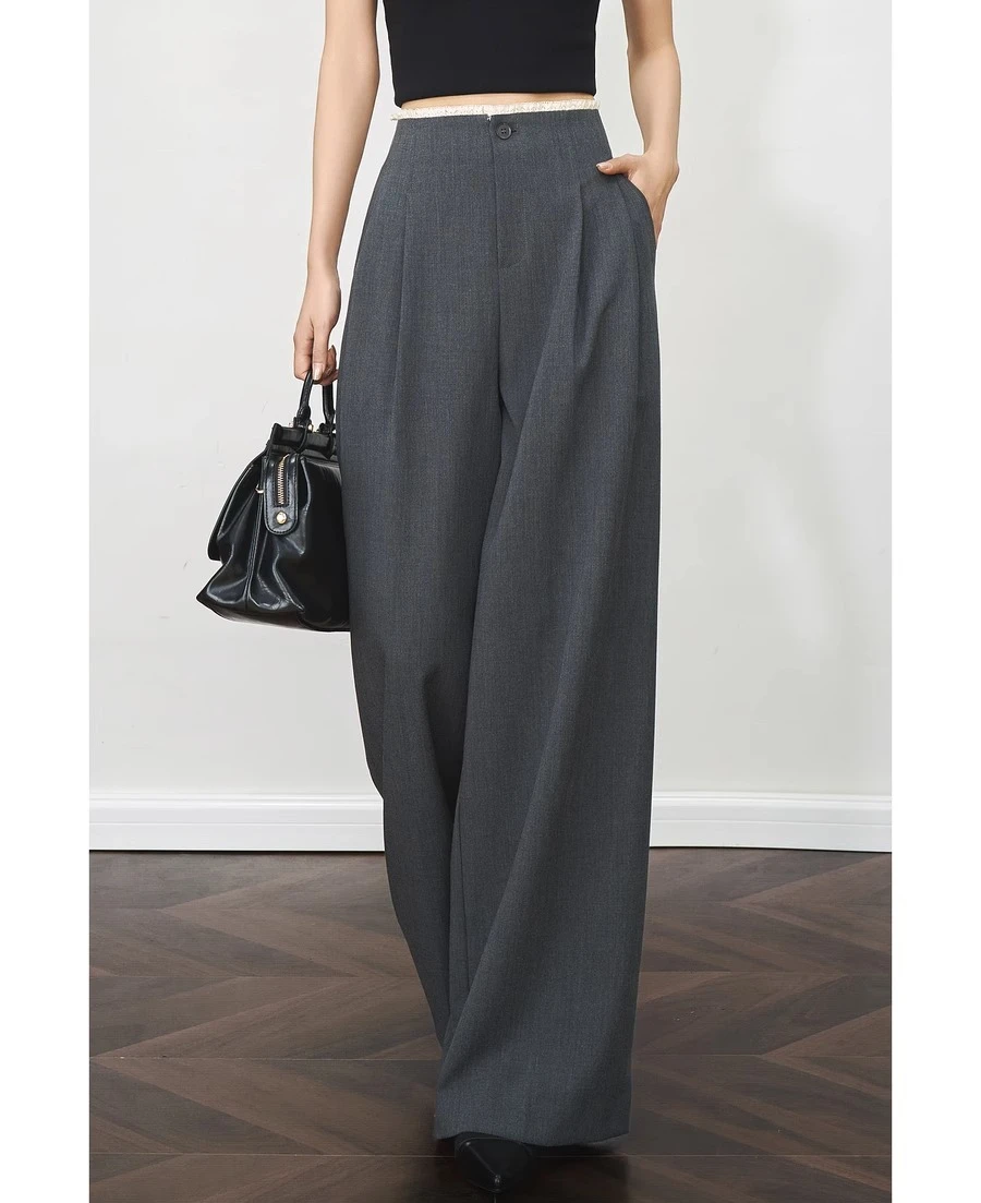 

OLrain Summer Women's 2025 Grey Fungus Pants High Waist Elegant Casual Contrasting Combined Straight Legs Lady Pants O57XK99258