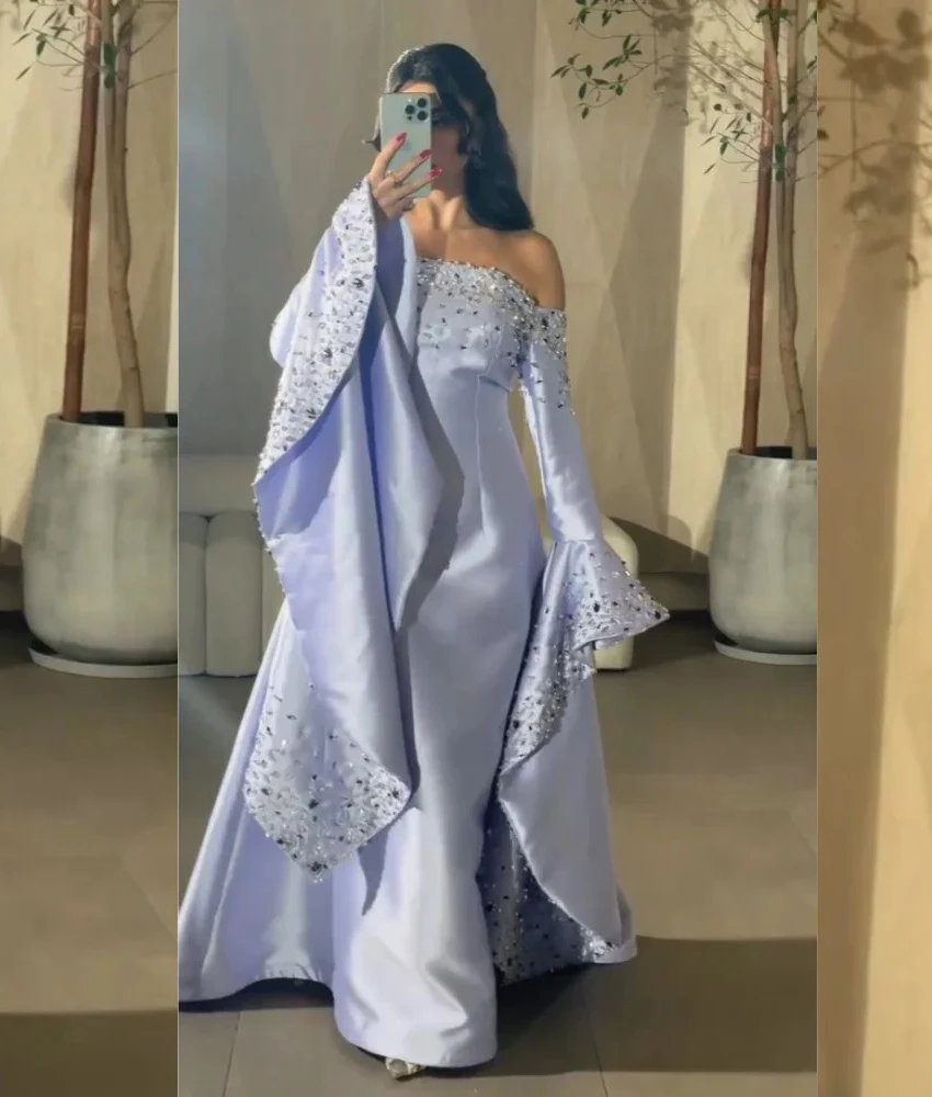 

MCDV Customized Fashion Satin A-Line Sequined Crystal Evening Dress High Quality Boat Neck Long Sleeves Bespoke Occasion Gowns