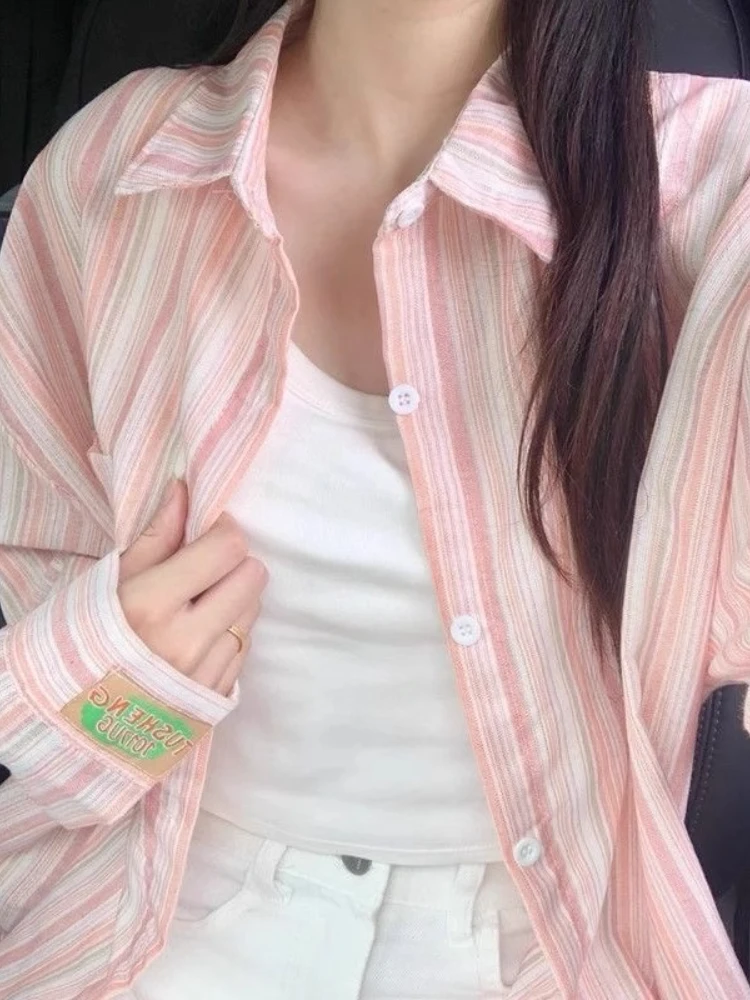 

American Vintage Sweet Pink Striped Shirt Women Loose Long Sleeve Button Up Blouse Ladies Spring Wild Streetwear Casual Shirts
