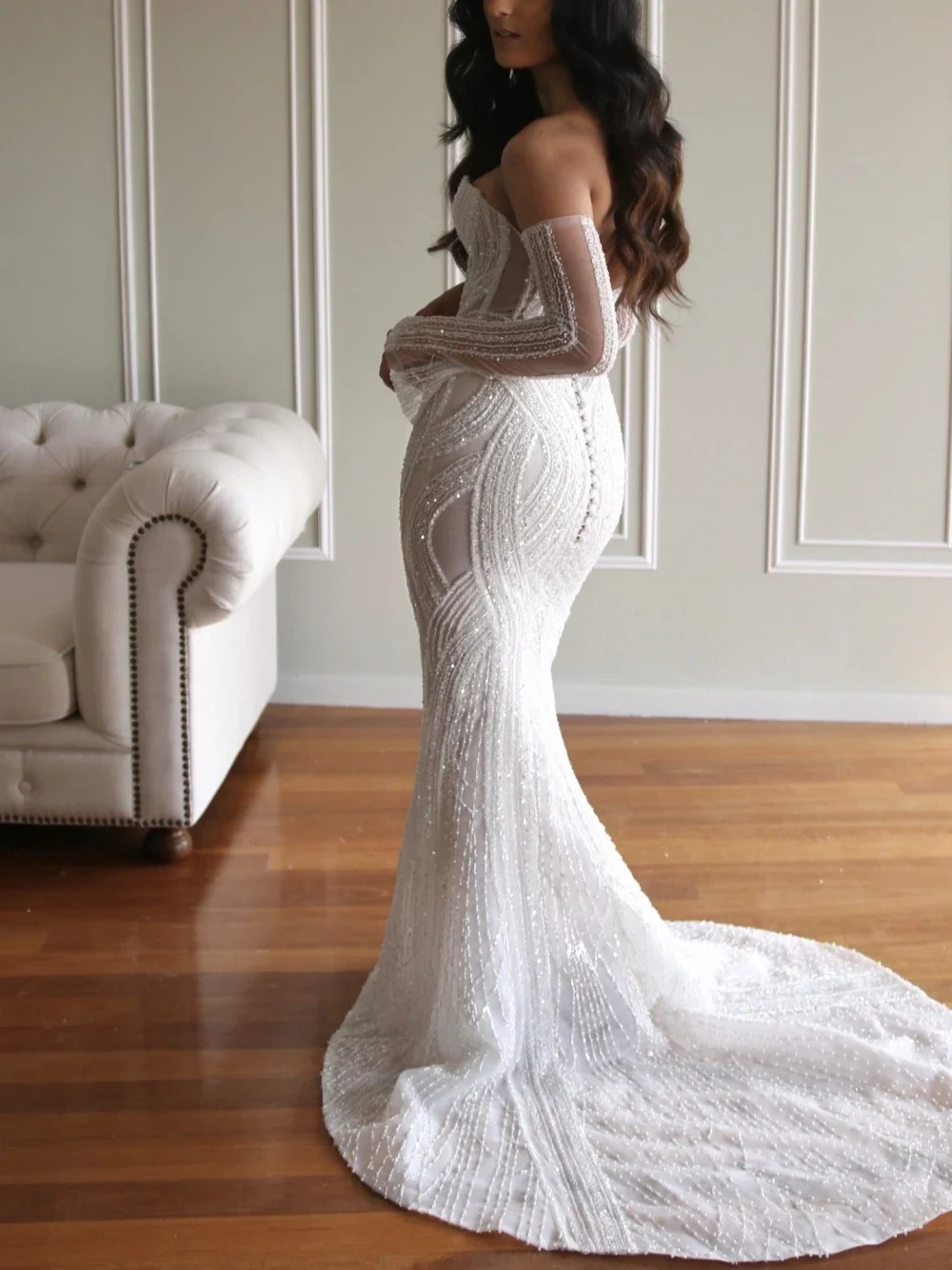 맞춤형 럭셔리 머메이드 웨딩드레스 신부 로브 반짝이는 오프숄더 플로어 길이 신부 드레스 베스티도스 데 노비아